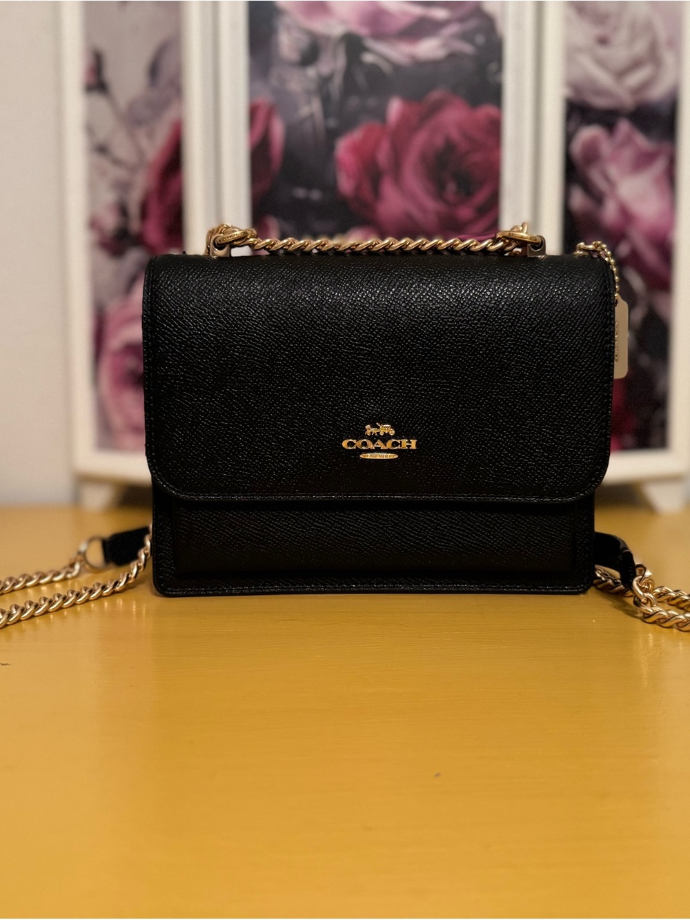 Coach Black Leather Crossbody with Gold Chain